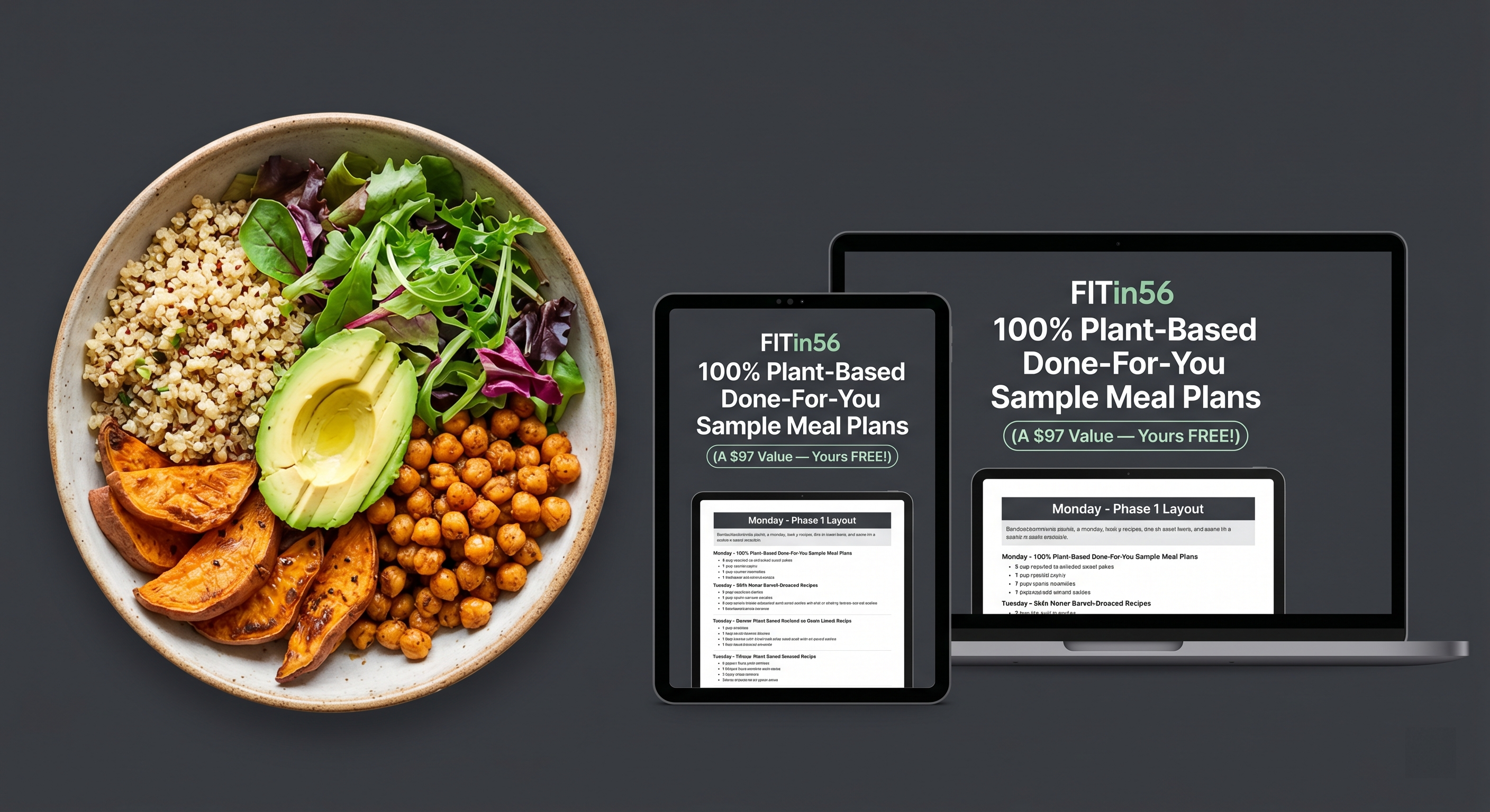 A plant-based quinoa Buddha bowl next to a tablet and laptop displaying the 'FITin56 100% Plant-Based Done-For-You Sample Meal Plans' digital guide.