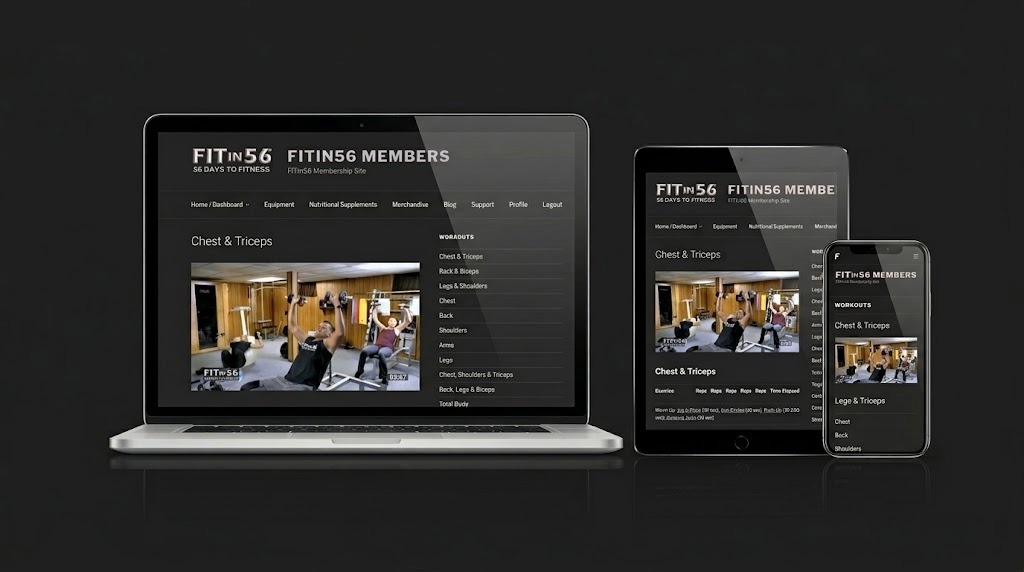 High-end digital product mockup showcasing the FITin56 online member's area dashboard across a modern laptop, a vertical tablet, and a smartphone standing side-by-side against a solid dark gray background.