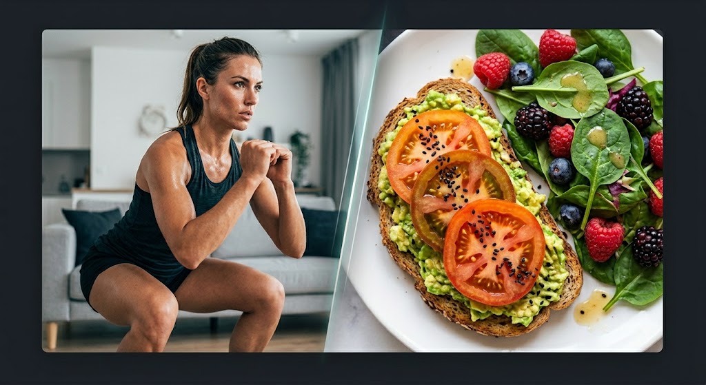 Split-screen banner with a determined woman performing a weighted squat in a home gym on the left, and a vibrant, fresh avocado toast with tomato and berry salad on the right.