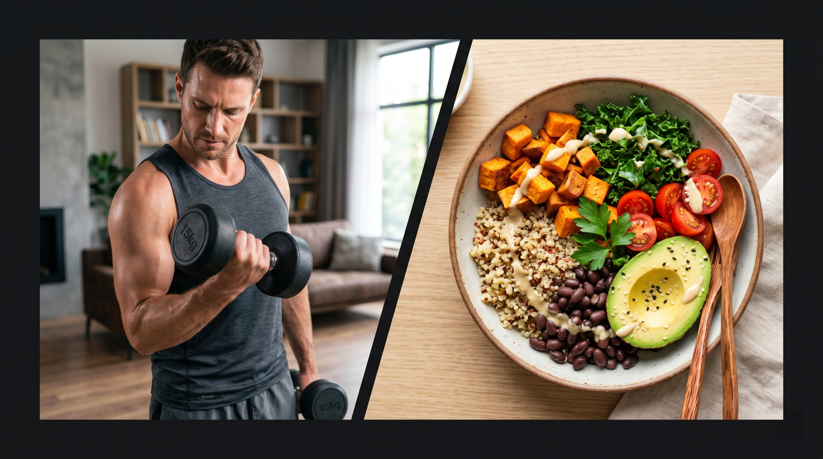 Split-screen banner featuring a fit man performing a dumbbell biceps curl in a modern home living room on the left, and a vibrant, appetizing plant-based quinoa Buddha bowl with sweet potatoes and avocado on the right.