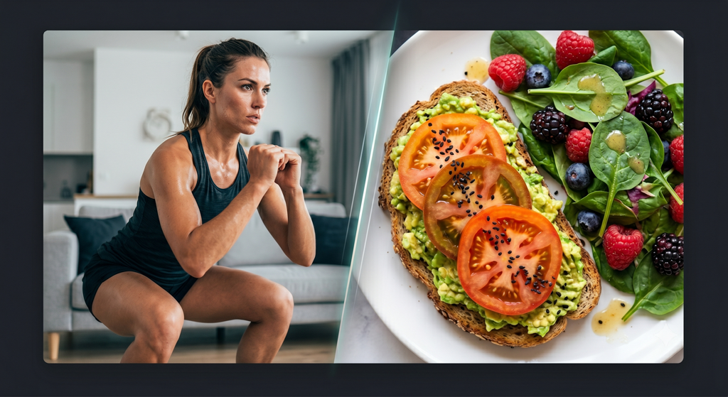Split-screen banner with a determined woman performing a weighted squat in a home gym on the left, and a vibrant, fresh avocado toast with tomato and berry salad on the right.
