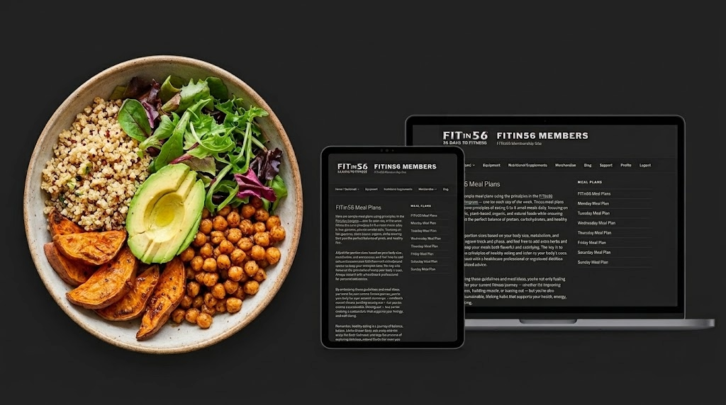 A plant-based quinoa Buddha bowl next to a tablet and laptop displaying the 'FITin56 100% Plant-Based Done-For-You Sample Meal Plans' digital guide.
