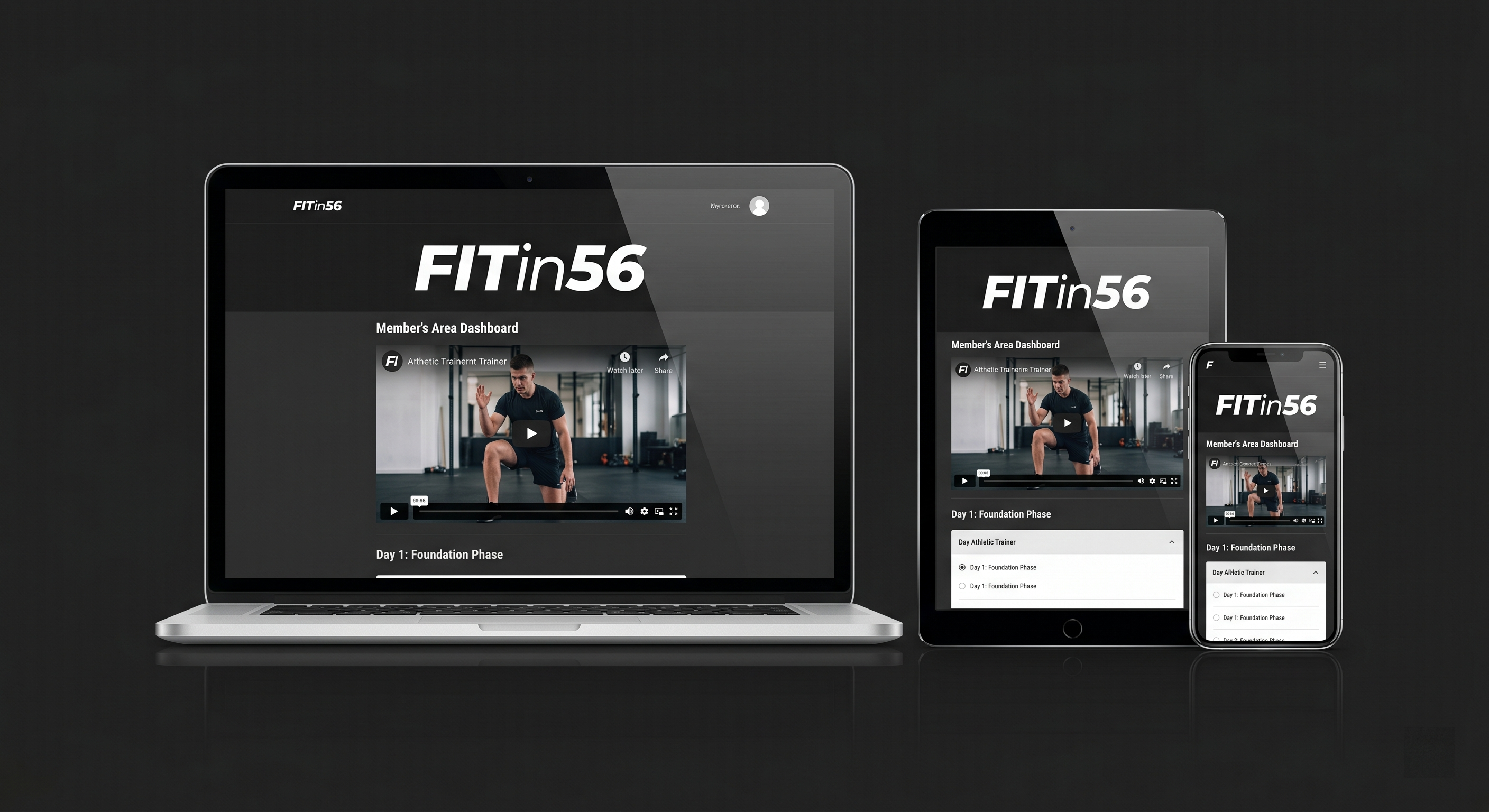 High-end digital product mockup showcasing the FITin56 online member's area dashboard across a modern laptop, a vertical tablet, and a smartphone standing side-by-side against a solid dark gray background.