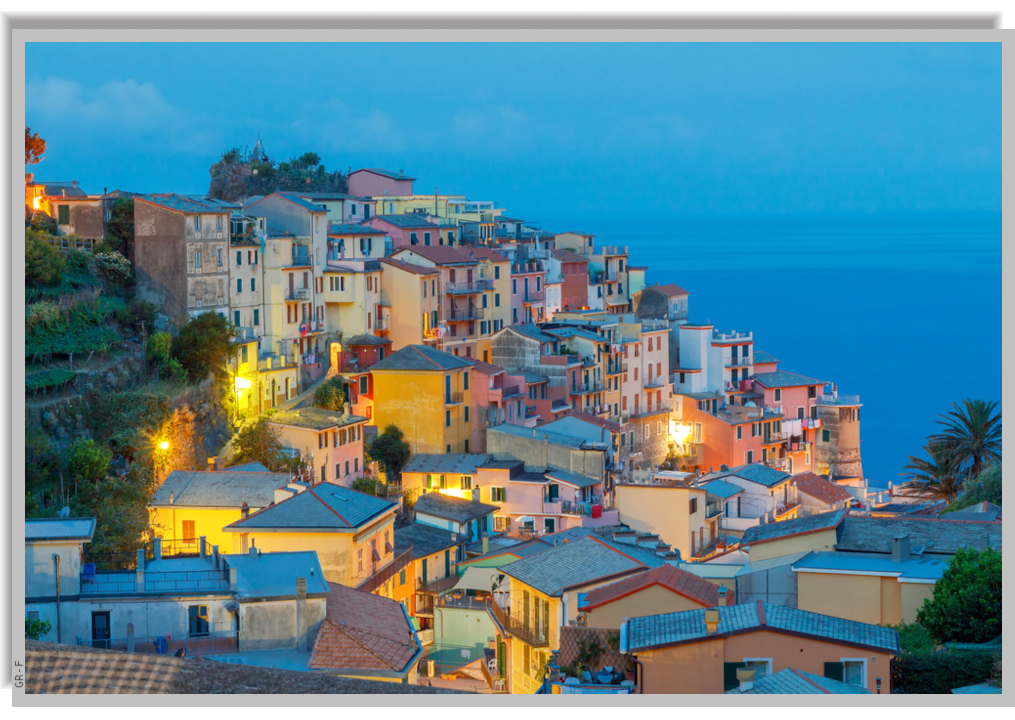 The upper part of Manarola village in the evening, with the Sea in the background