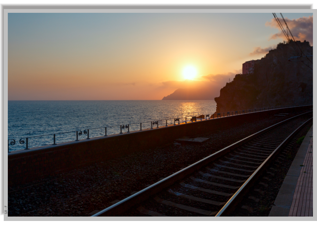 The coastal railway near Vernazza village, at sunset