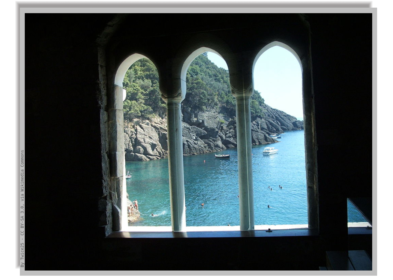 view of the cove in front of San Fruttuoso Abbay through one of its windows