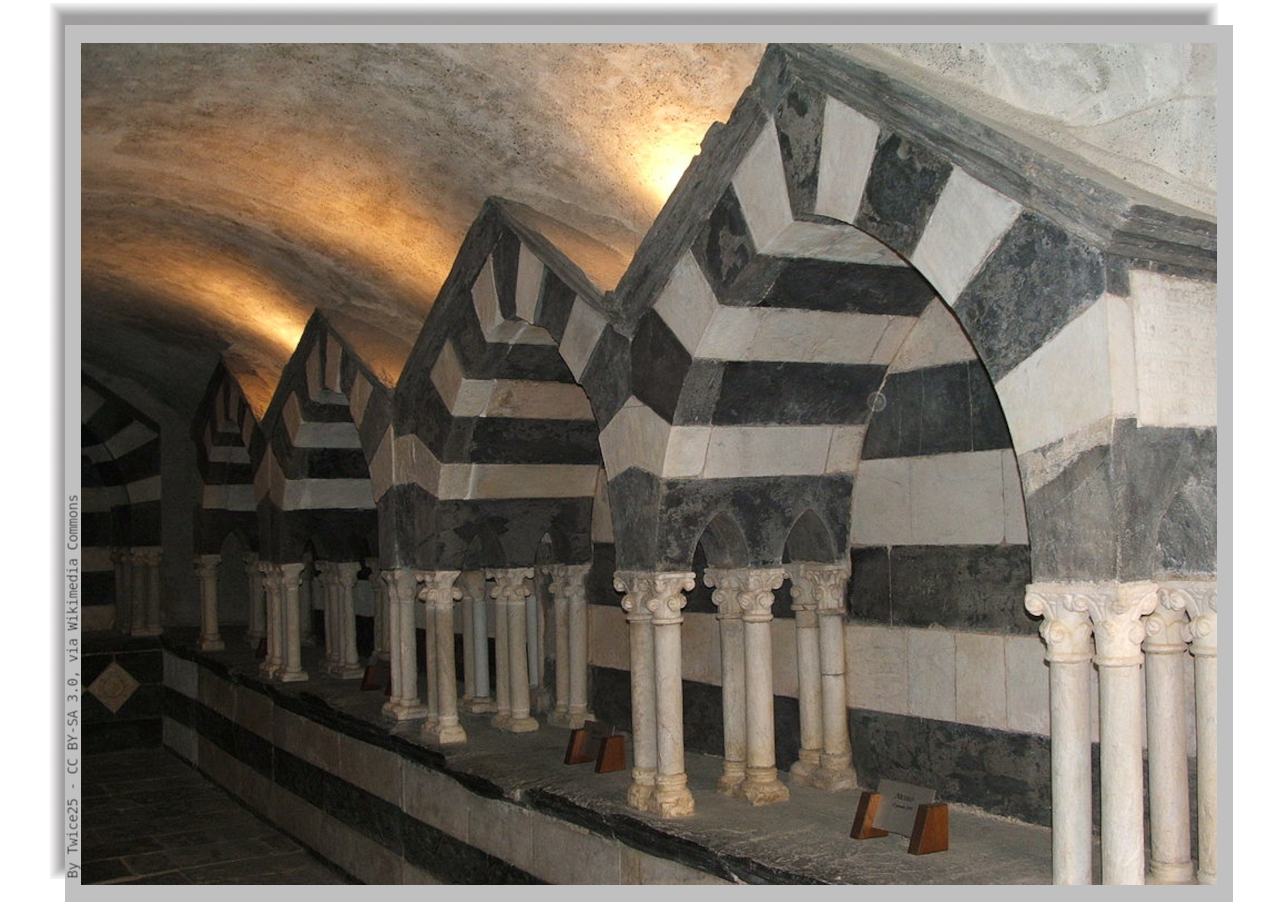 Crypt with little archs in white and black stone, in San Fruttuoso Abbay