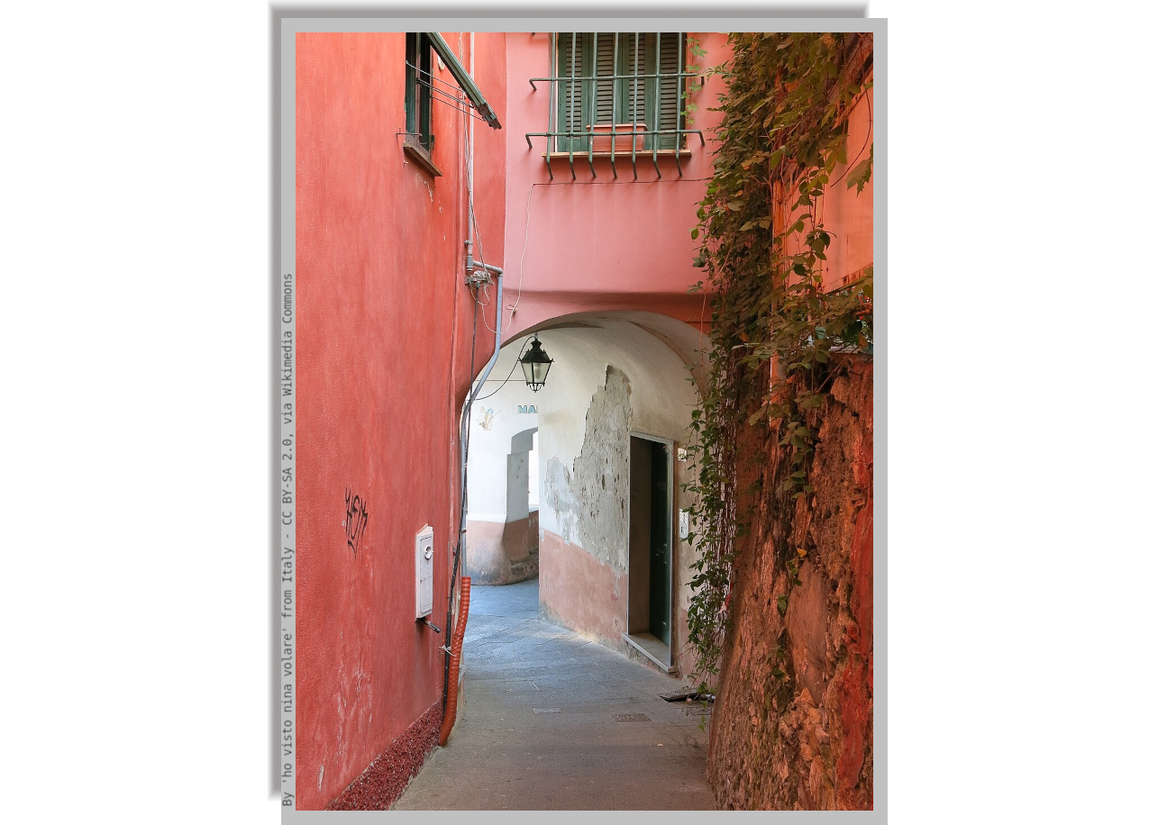 An alley in Camogli among red-coloured houses
