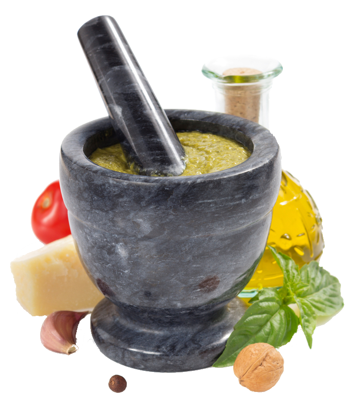 Pesto sauce in a mortar