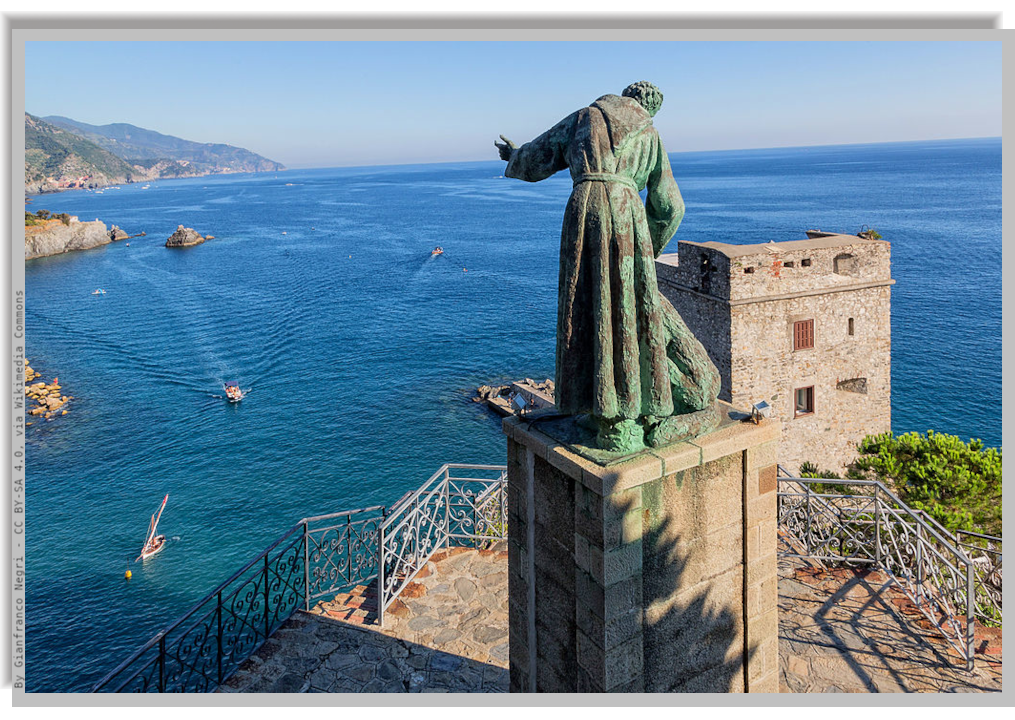 Statue of San Francesco and marine panorama seen from the convent of the Capuchins
