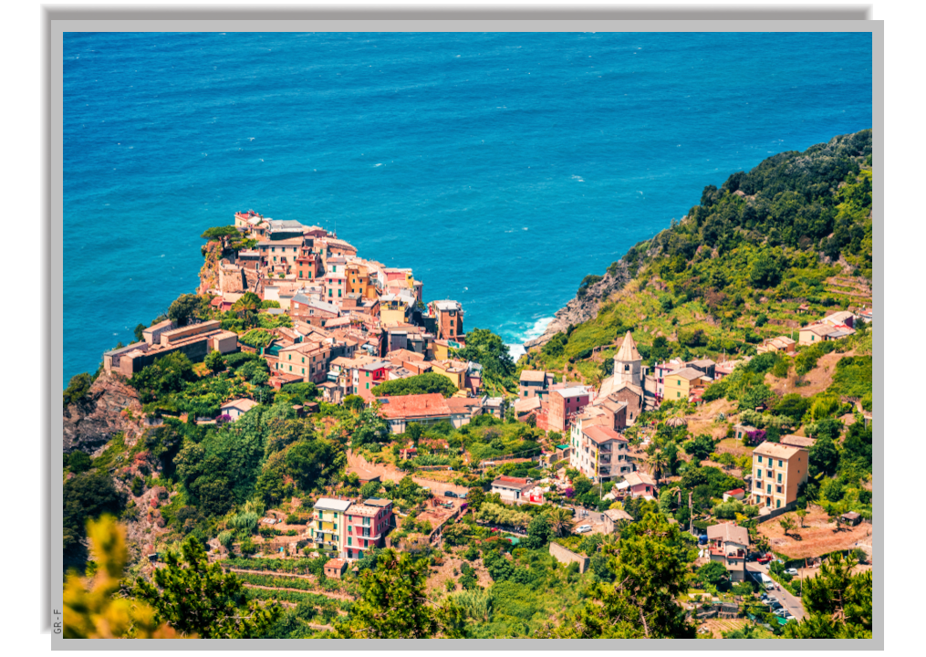 Panorama of Corniglia village with the sea in the background