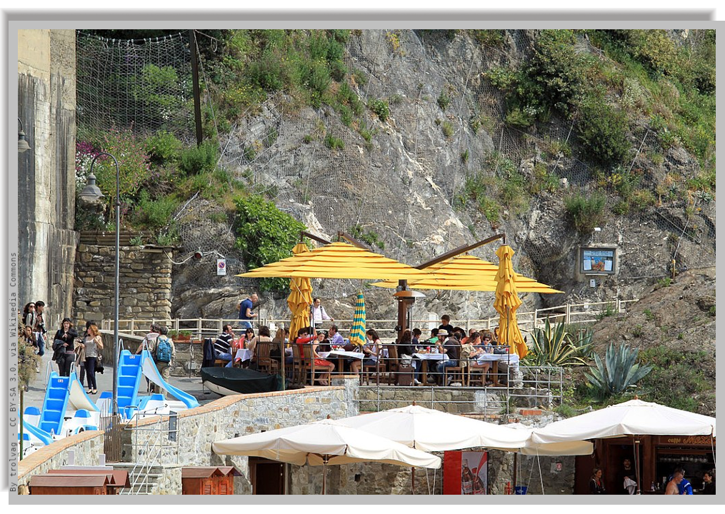 Bar by the sea, with tables deck chairs and sun umbrellas
