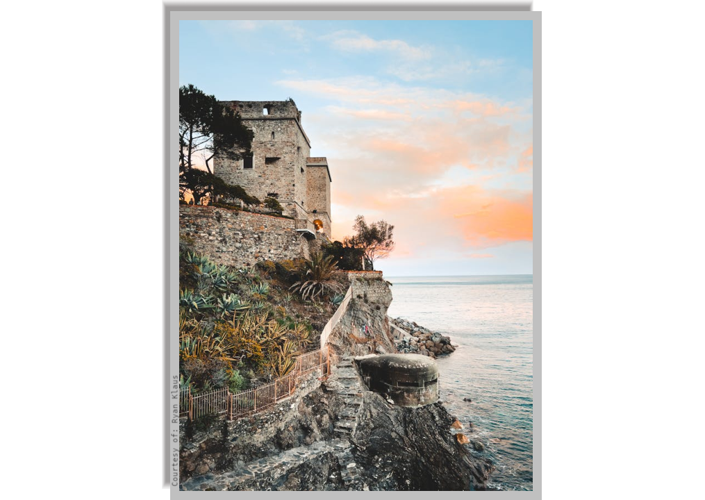 Fieschi Castle on a promontory in Monterosso, at dawn with sea view