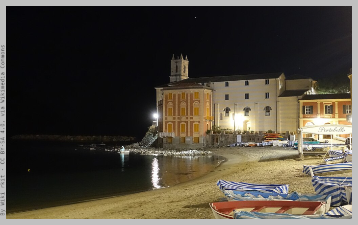 Negrotto Cambiaso Palace on the shore of the Bay of Silence, at night