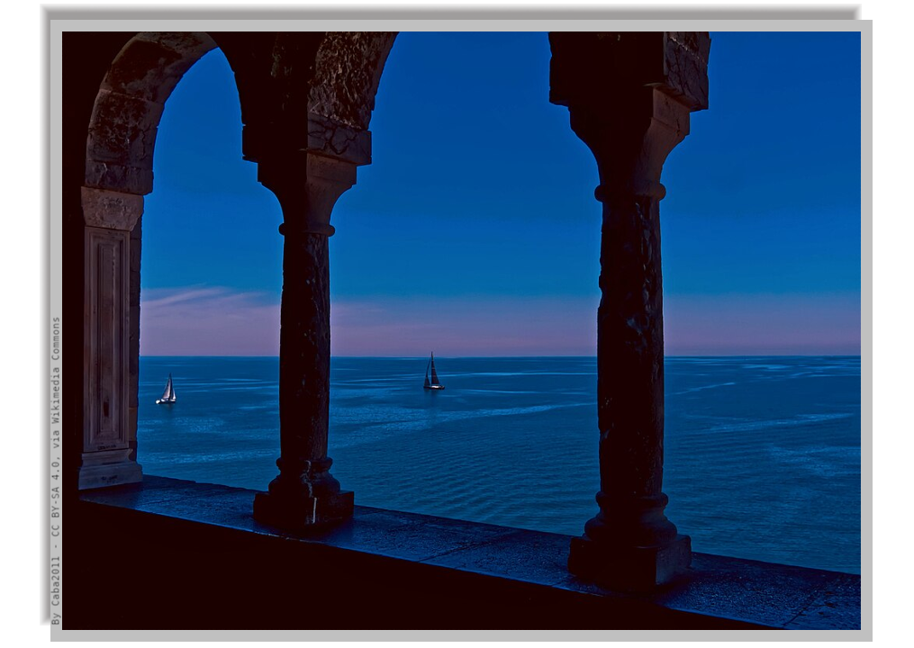Suggestive sea view at dawn from the Arpaia grotto ruins