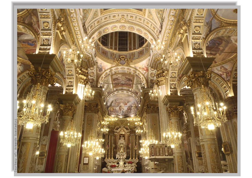 Rich baroque gold-decorated interior of Saint Margaret of Antiochia Basilica