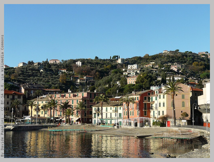Coastline of San Michele di Pagana with palm trees, houses along the seashore and hills behind