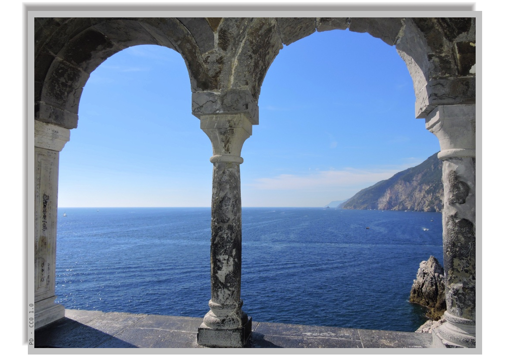 The Arpaia grotto with view of the sea through the arched colonnaded window of medieval ruins
