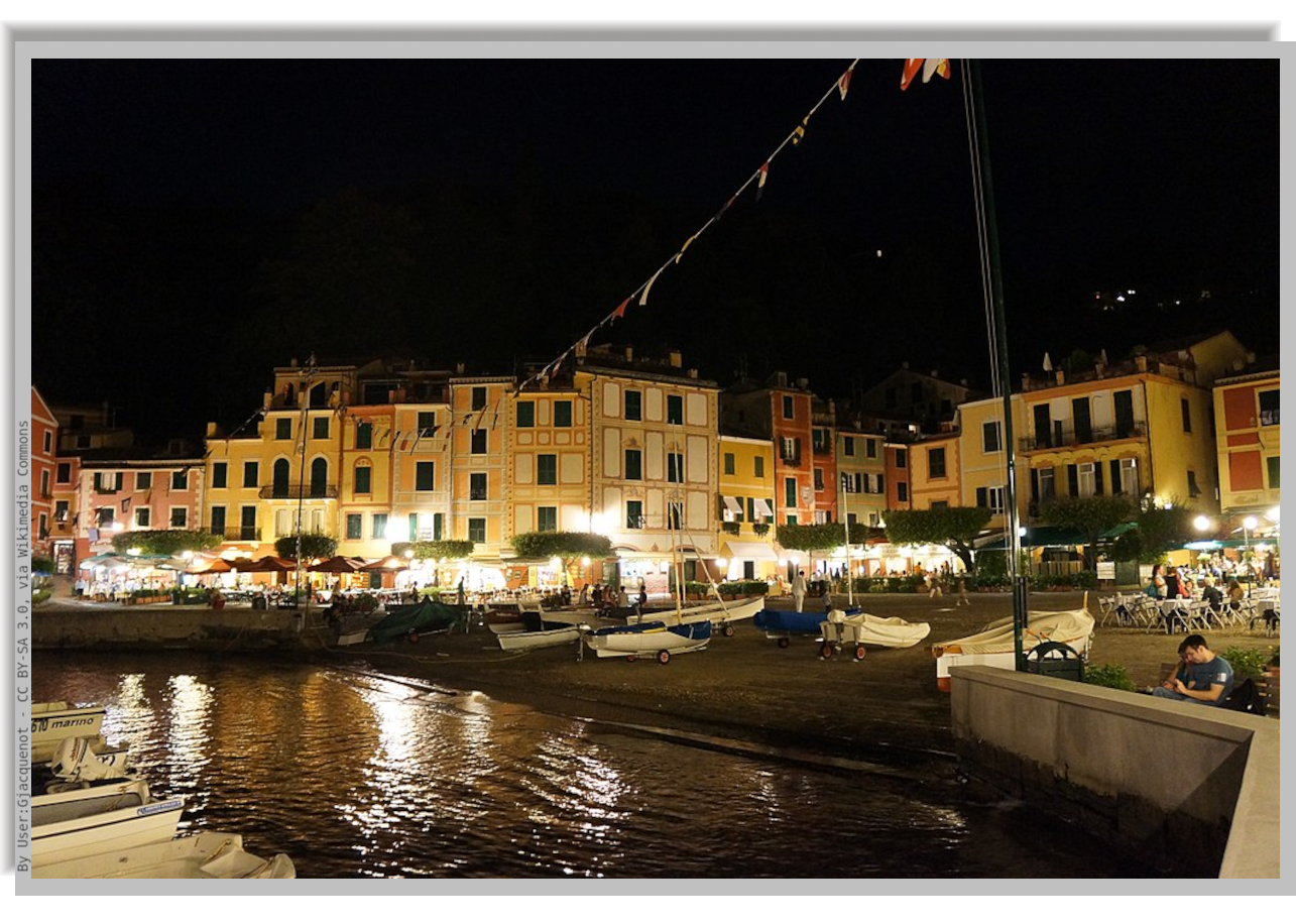 Portofino's marina at night with lights reflected on the sea waters