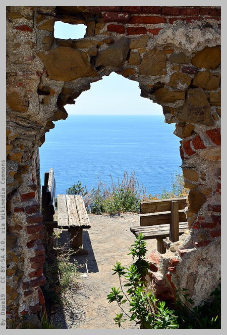 View of the Sea from a hill, viewed through the ruins of Saint Anna Church