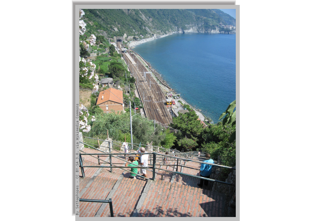 Characteristic "Lardarina" stairway, which from the railstation leads up to the village of Corniglia on the cliff overlooking the sea