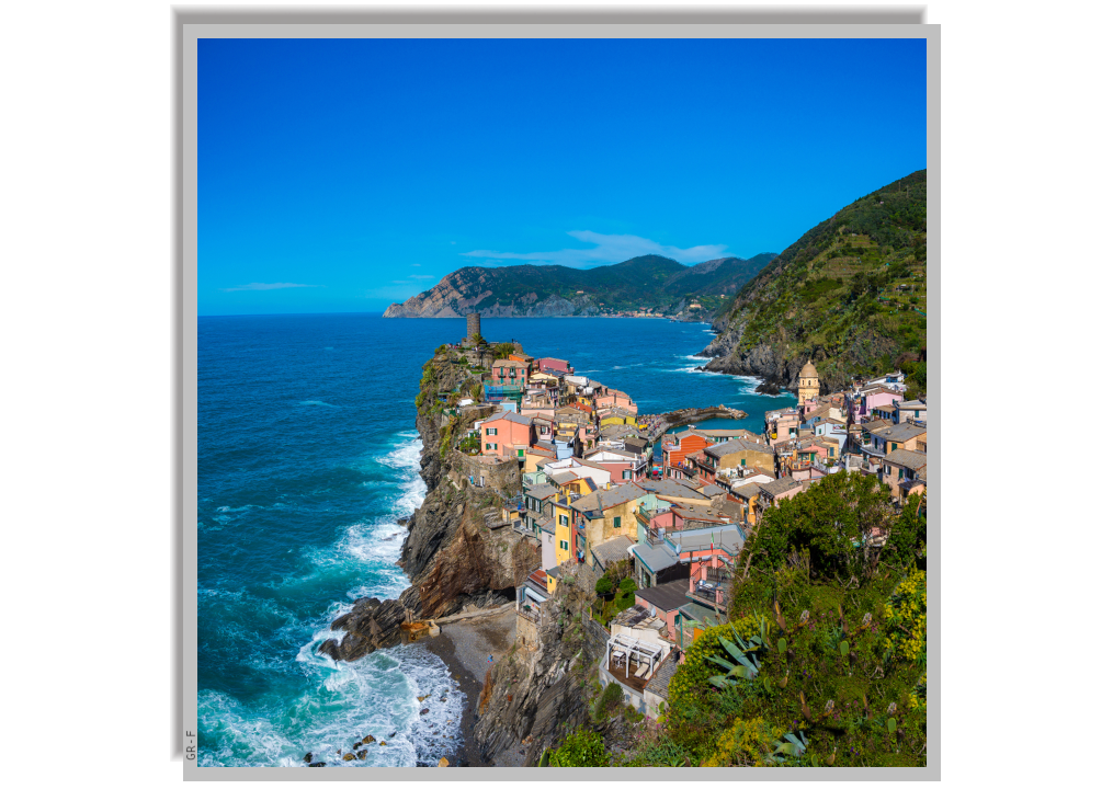 The promontory of Vernazza and sea panorama seen from a hinterland hill