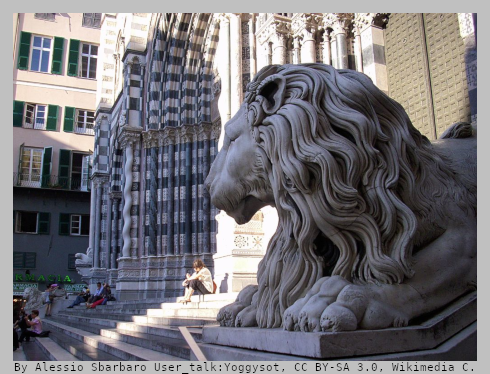Lion Statue beside the facade of San Lorenzo Cathedral