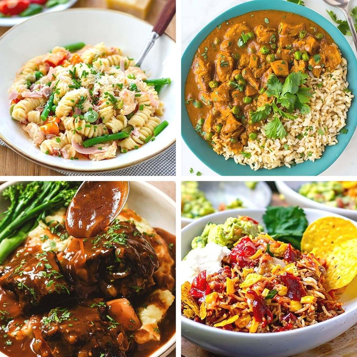 A collage of various Instant Pot meals including chicken pasta, chicken curry, short ribs, and nacho casserole, showcasing the best dinner ideas
