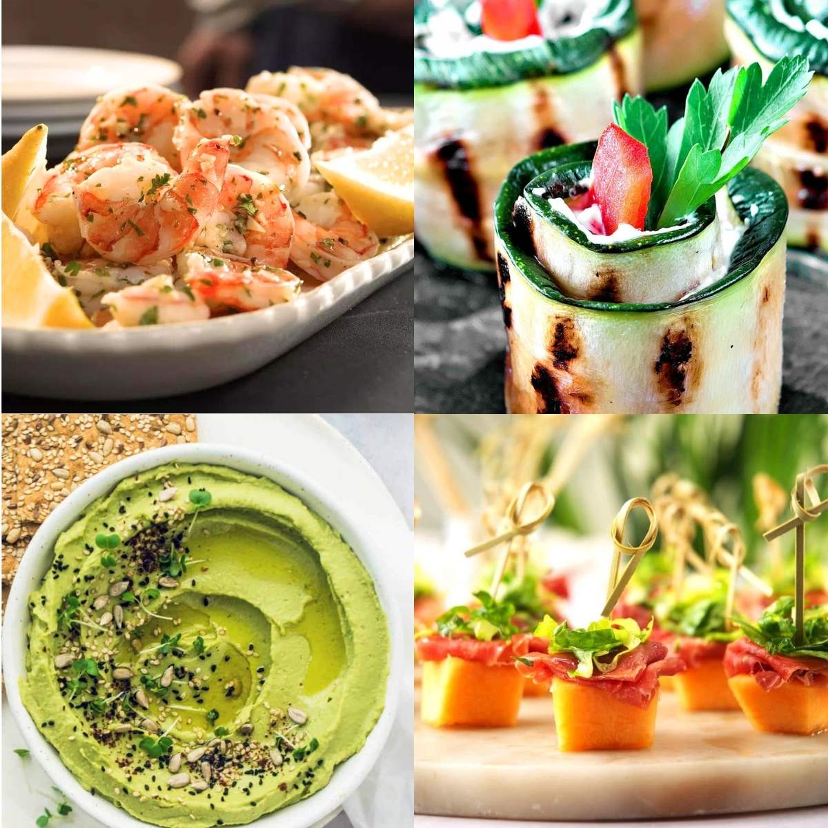 A photo grid collage displaying delicious party appetizers including garlic herb shrimp with lemon wedges, grilled zucchini roll-ups stuffed with cheese and herbs, a bowl of smooth green hummus garnished with seeds and olive oil, and skewered melon and prosciutto bites
