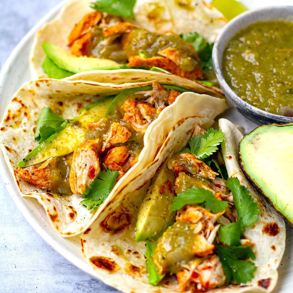 Instant Pot Chicken Tacos With Avocado & Salsa Verde