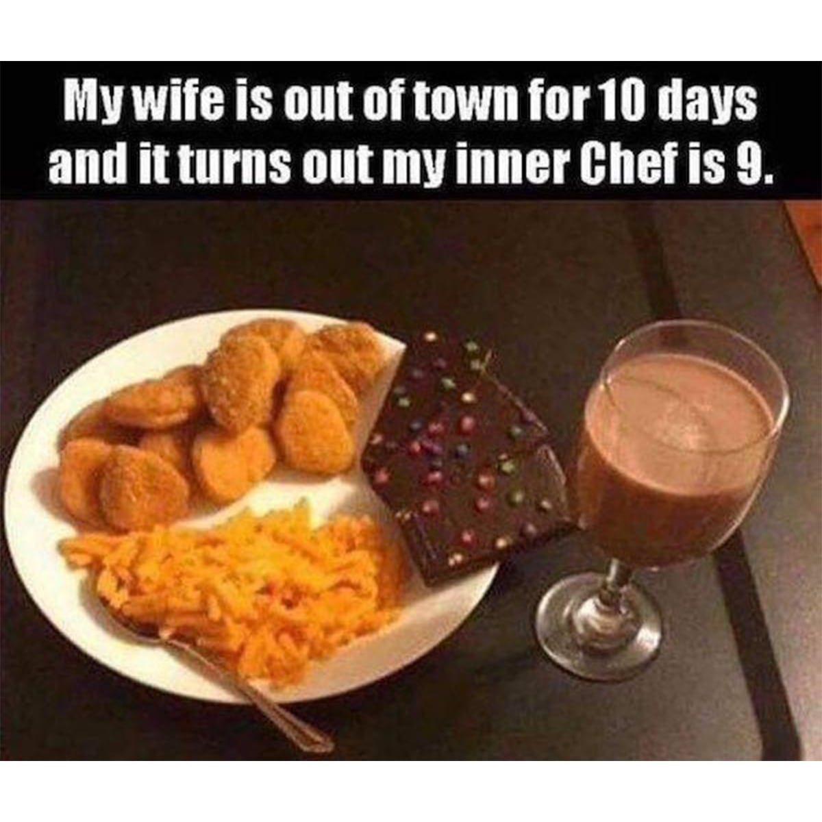 My wide is out of town for 10 days and it turns out my inner chef is 9.