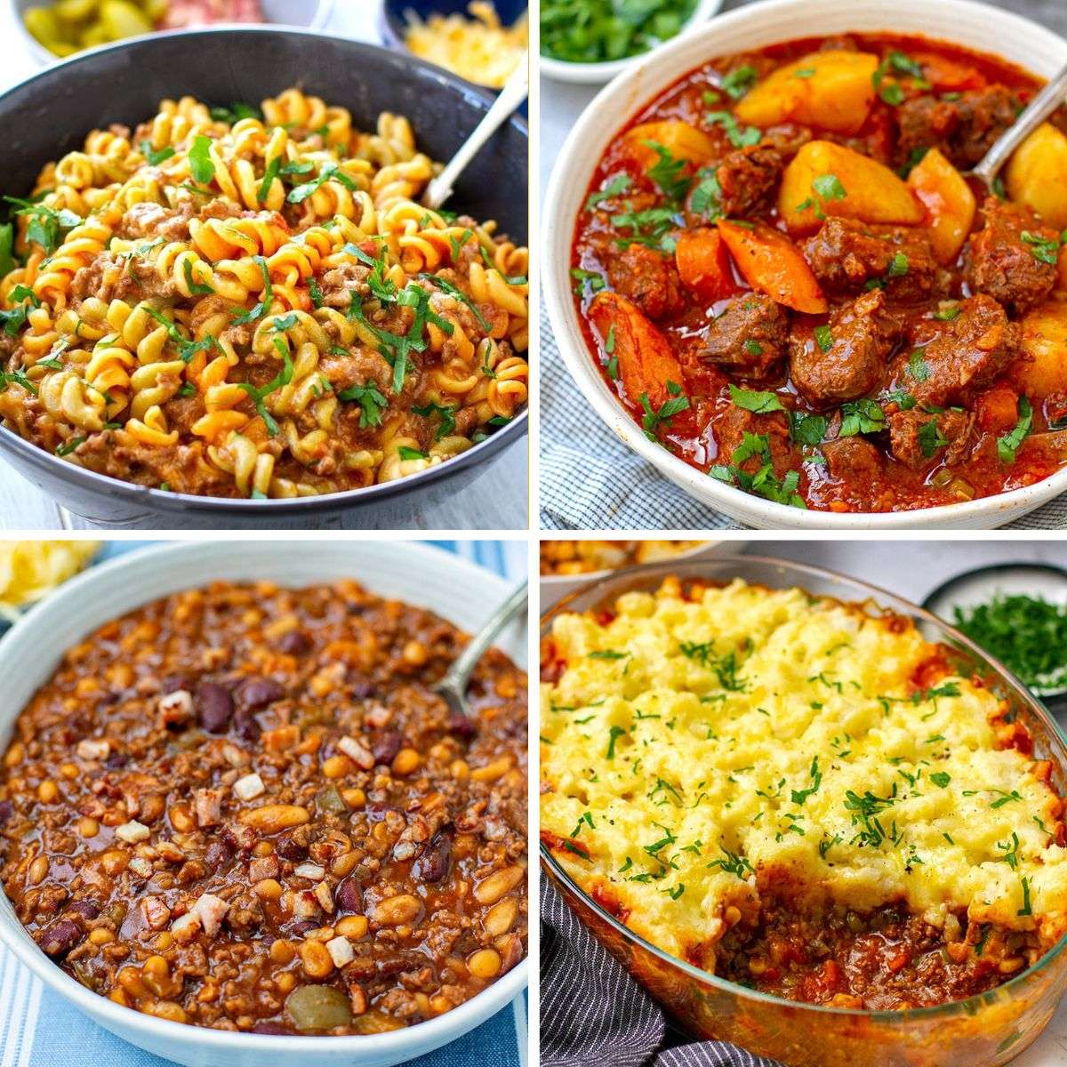Grid photo collage showing four different hearty meals: the top-left features pasta rotini with meat and sauce in a dark bowl;