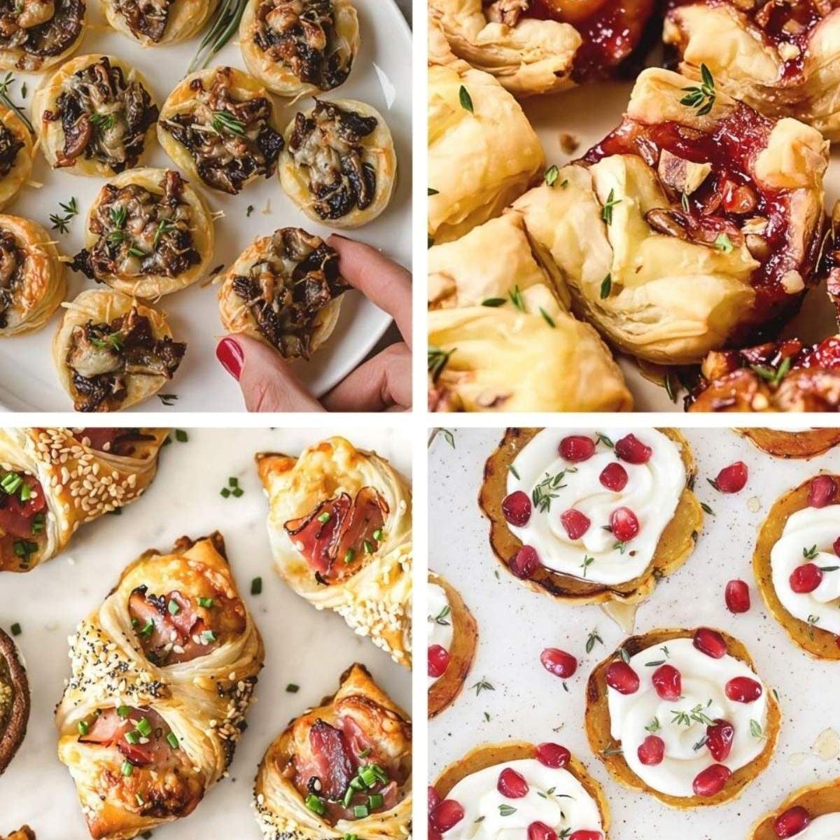 Finger food appetizer collage showing savory pastry bites, brie bites, and festive seasonal snacks