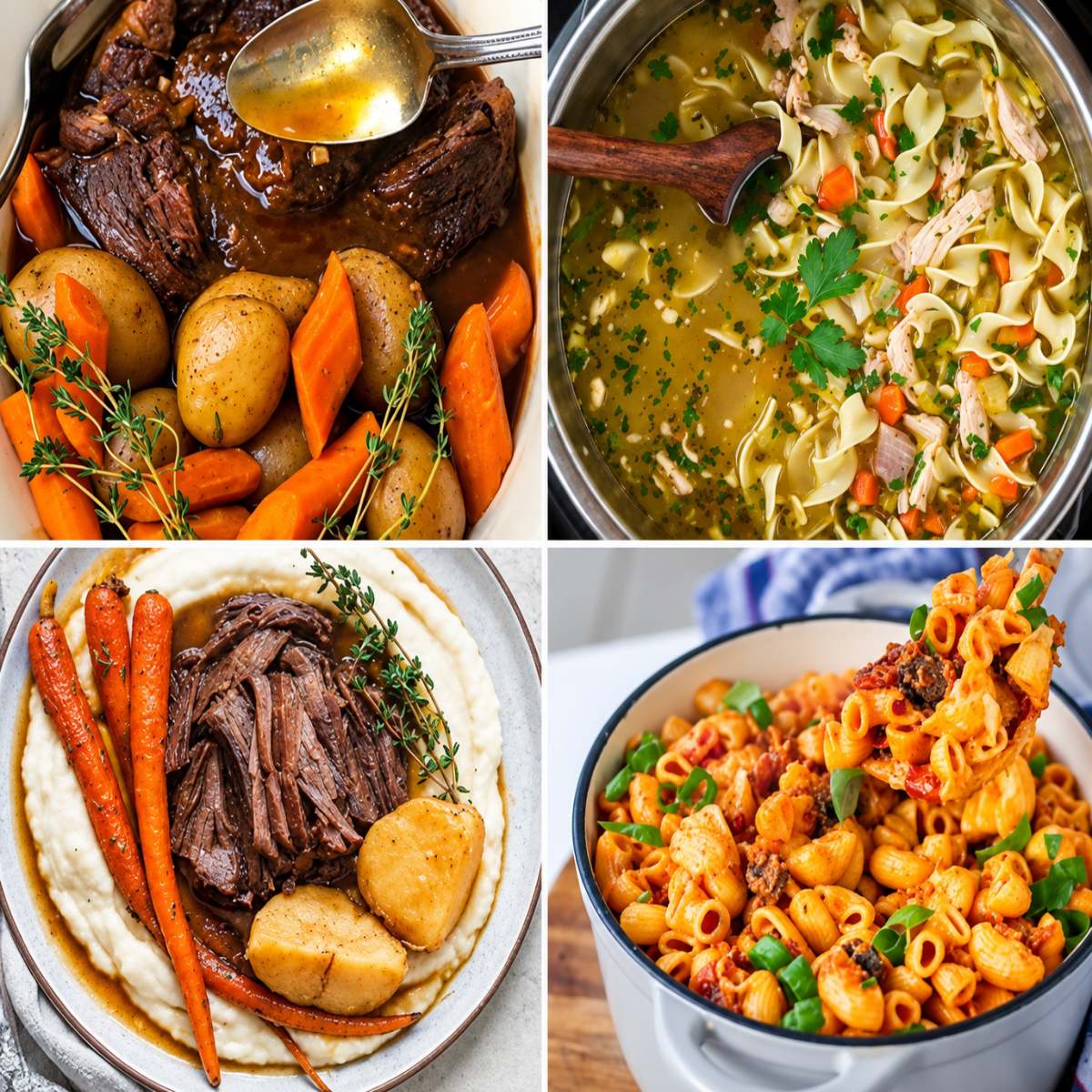 Hearty comfort food meals featuring pot roast with potatoes and carrots, chicken noodle soup, shredded beef over mashed potatoes, and a pot of cheesy pasta bake.