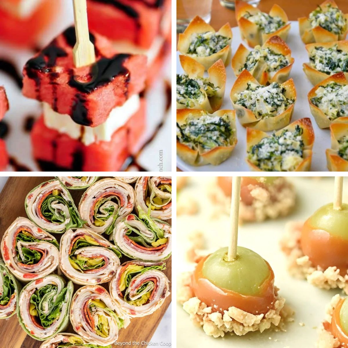 Four-panel collage featuring easy party appetizers: watermelon and feta skewers, spinach artichoke phyllo cups, tortilla pinwheels, and caramel-coated grapes on skewers