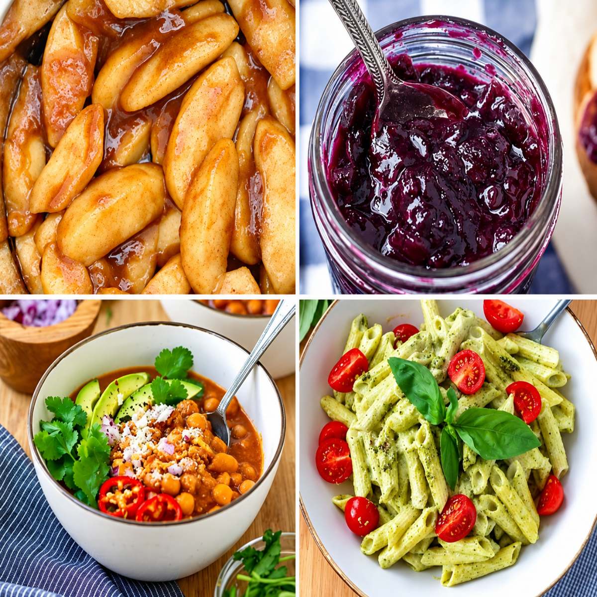 Comfort food recipes including glazed caramelized apples, a jar of berry jam, a bowl of chickpea chili topped with avocado, and a bowl of green pesto pasta with cherry tomatoes.