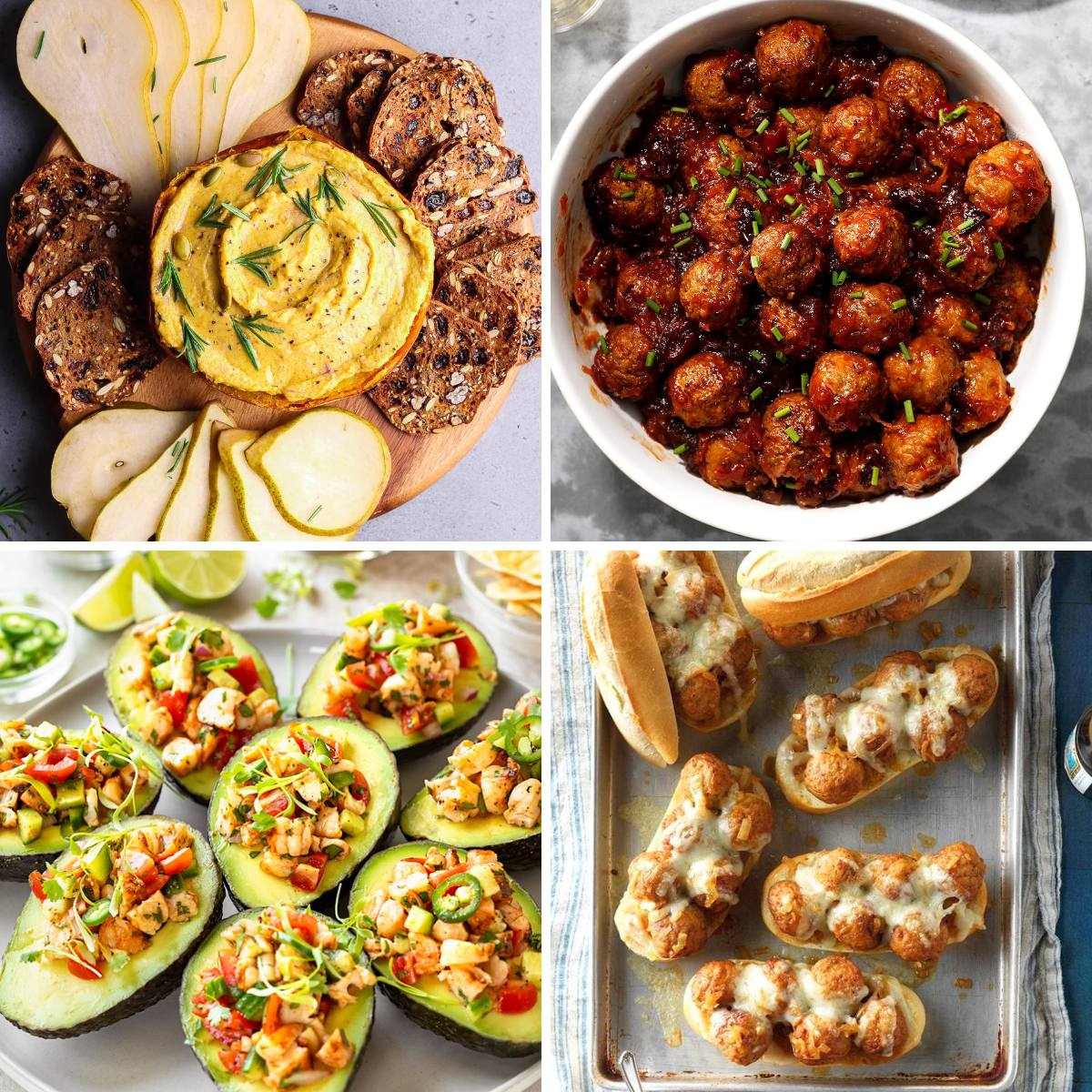 A four-panel photo collage featuring party appetizers, including a savory squash dip with sliced pears and seeded crackers, glazed cocktail meatballs, stuffed avocado halves with salsa, and mini meatball sub sandwiches with melted cheese