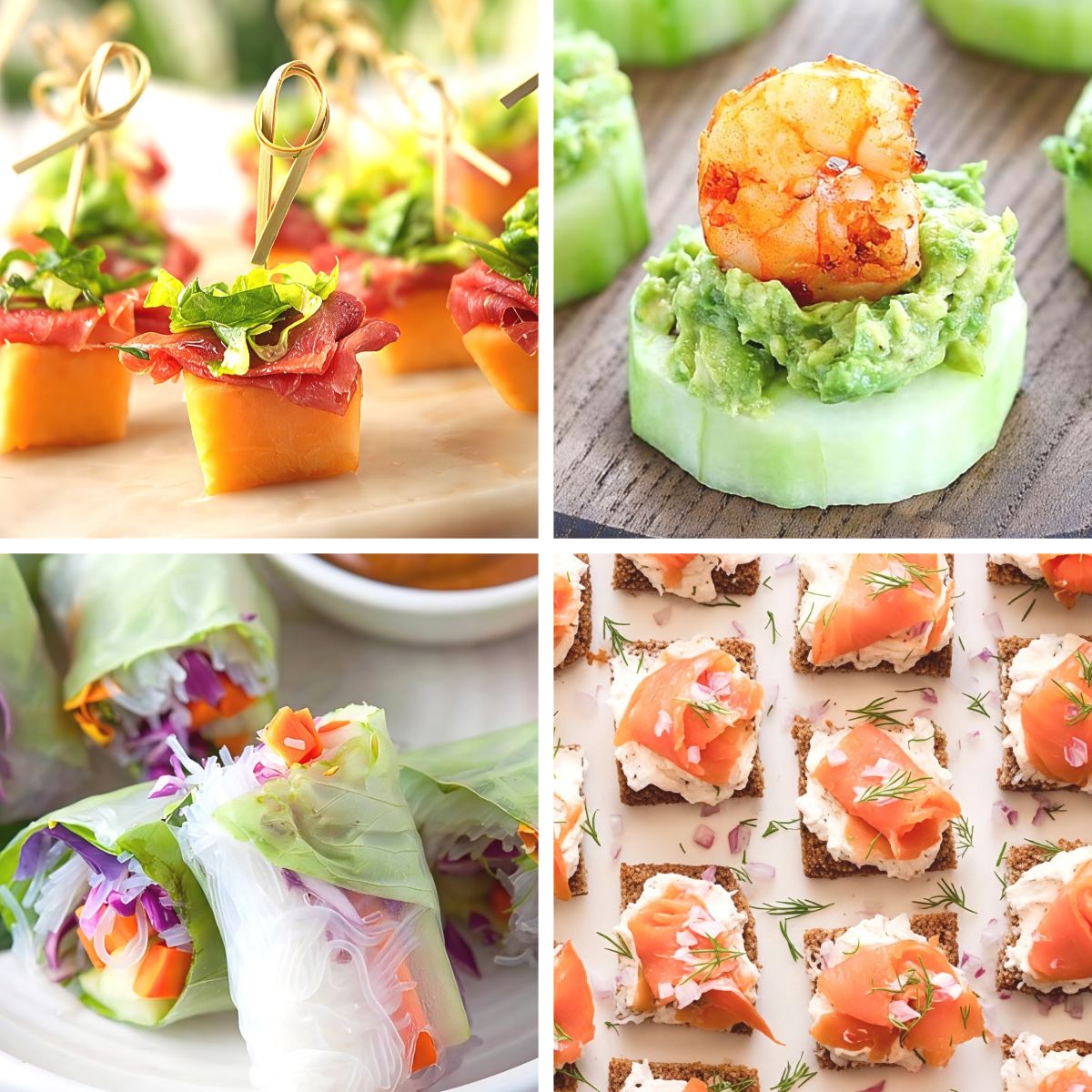 A photo grid collage showcasing elegant party appetizers including prosciutto-wrapped melon skewers, grilled shrimp and avocado cucumber bites, fresh fresh spring rolls, and smoked salmon canapés on rye bread with cream cheese and dill.