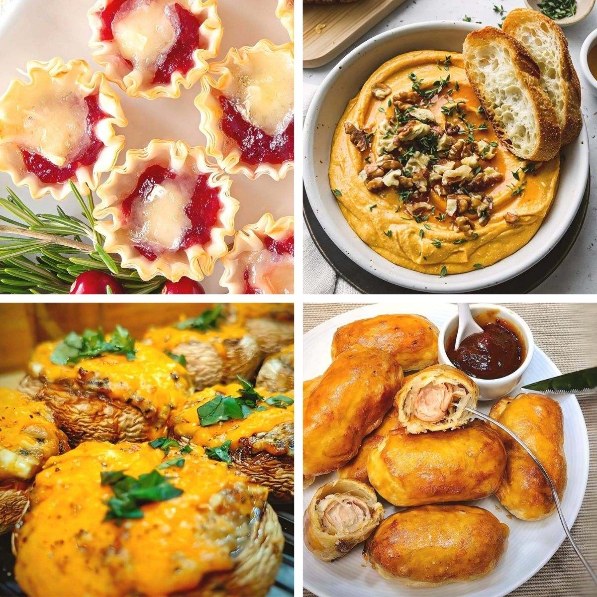 A photo grid collage featuring easy holiday appetizers including cranberry brie phyllo bites, creamy pumpkin dip with toasted walnuts and crostini, cheddar-topped stuffed mushrooms, and golden pigs in a blanket with dipping sauce.