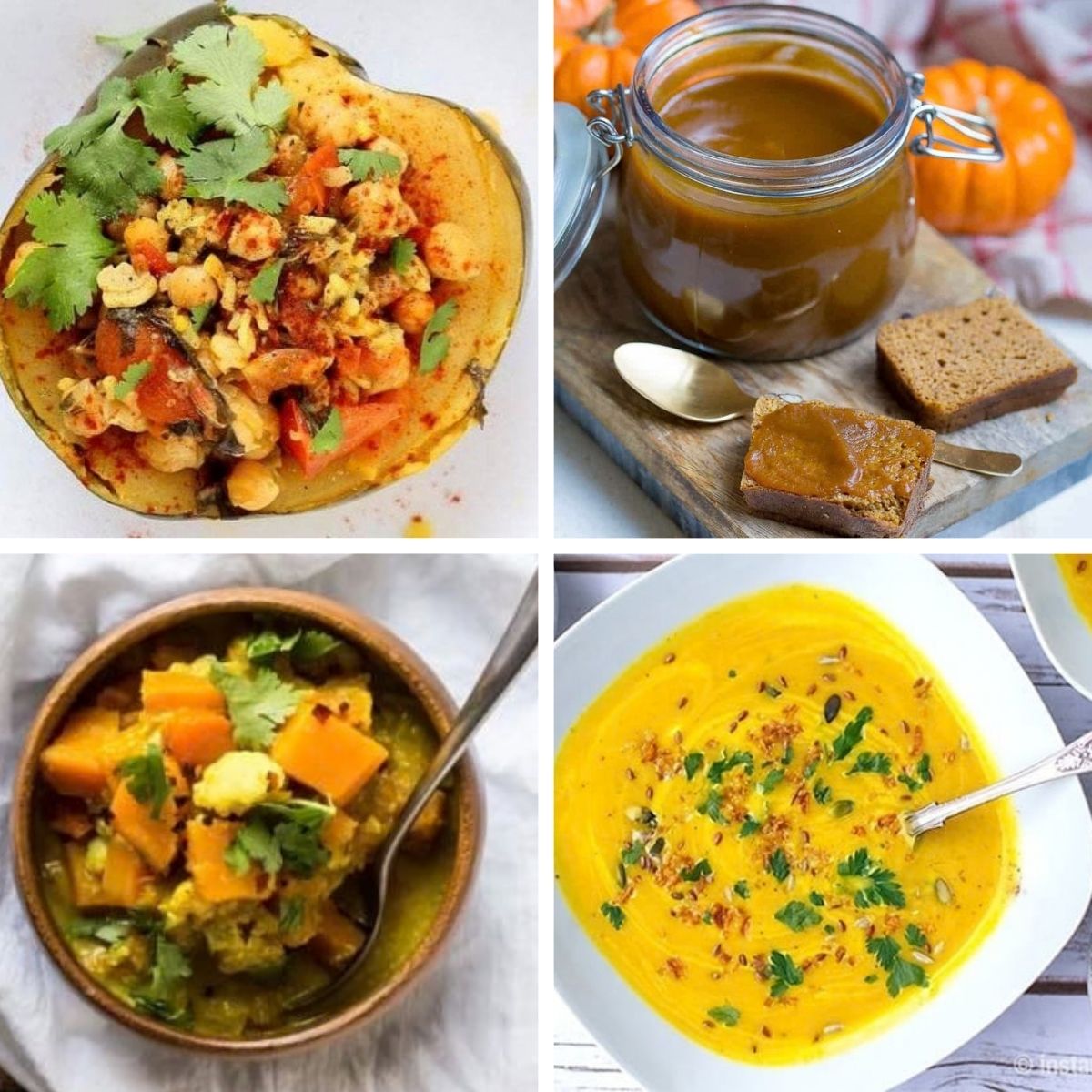 A 2x2 photo collage featuring four pumpkin and squash dishes: stuffed squash topped with herbs in the top-left, a jar of smooth pumpkin butter with spread bread in the top-right, a chunky vegetable stew in a wooden bowl in the bottom-left, and a vibrant yellow blended soup in a white bowl in the bottom-right