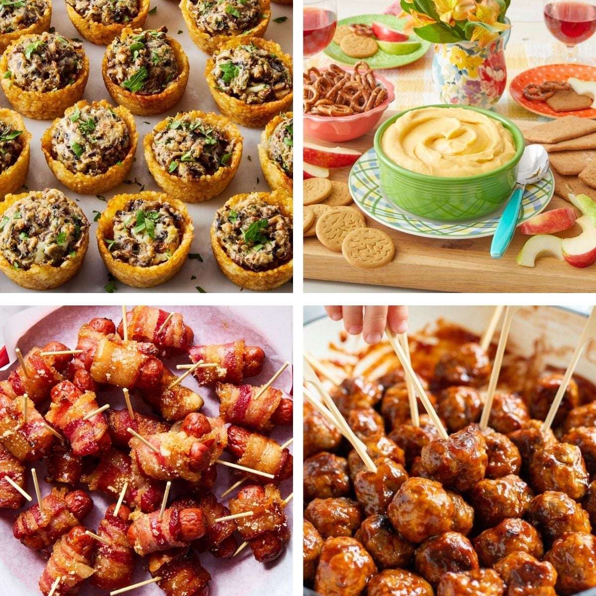 Party appetizers featuring savory plantain cups filled with meat, a dip board with crackers and dip, bacon wrapped smokies on toothpicks, and glazed cocktail meatballs.
