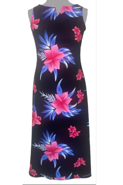 black dress with bright pink tropical flowers