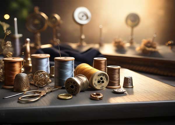 spools of thread that are blue, orange and tan sitting on a gray table with buttons