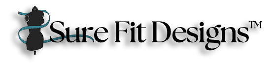 Sure Fit Designs Logo, Black letters and a black mannequin with a teal tape measure draped around the bodice