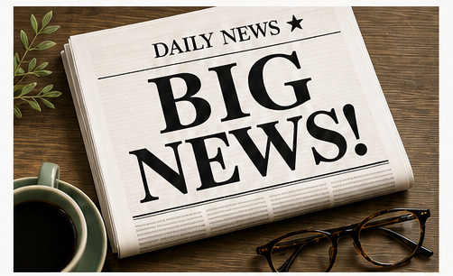 A photo of a newspaper headline that says Big News sitting on a table with a cup of coffee and some reading glasses