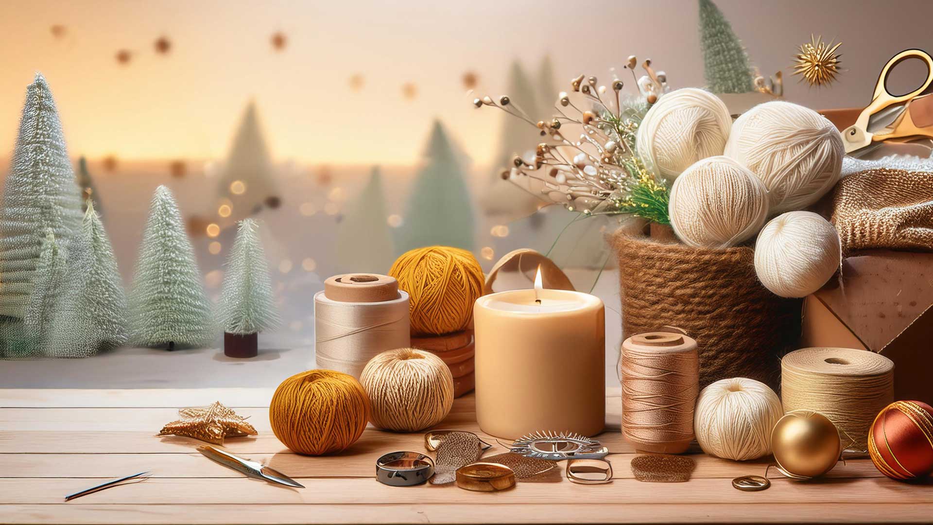 A photo with frosty greeen tress in the background and a tan table with various balls of thread and sewing notions and a candle for winter sewing