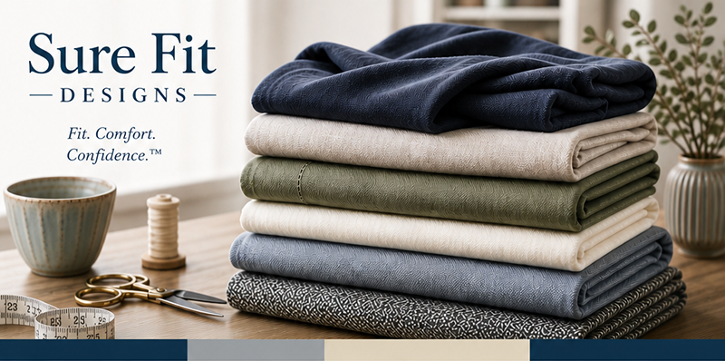 A photo of a stack of garment fabrics folded on a table in the colors of navy, beige, olive green and clack and white dotted.  There is a white tape measure, scissors, a beige spool of thread and a decorative cup on the table 