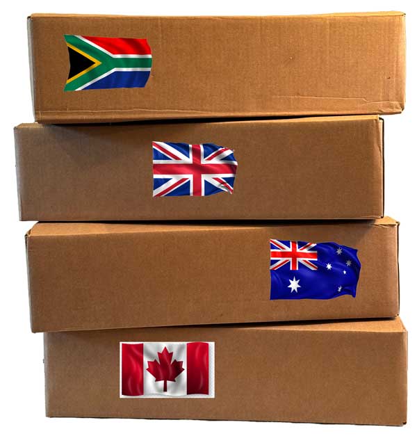 A photo of 4 boxes stacked vertically.  Each box has a country flag, South Africa, United Kingdom, Australia and Canada