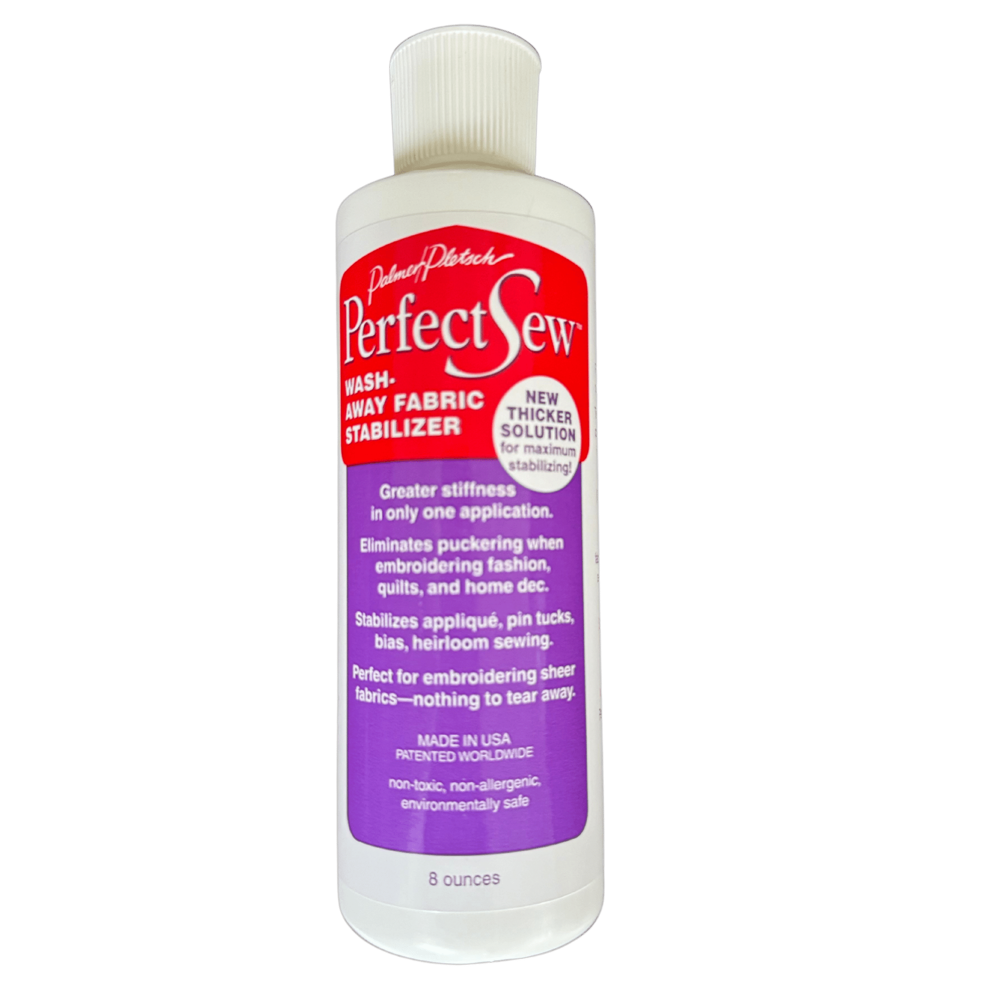 A white bottle with red and purple label for Perfect Sew, a liquid stabilizer 
