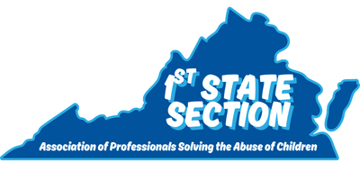 An outline of Virginia with text that says the first state section of Association of Professionals Solving the Abuse of Children